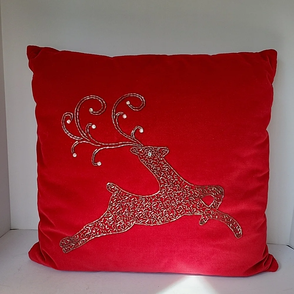 Holiday Red Velvet Beaded Reindeer Pillow Pier One 18